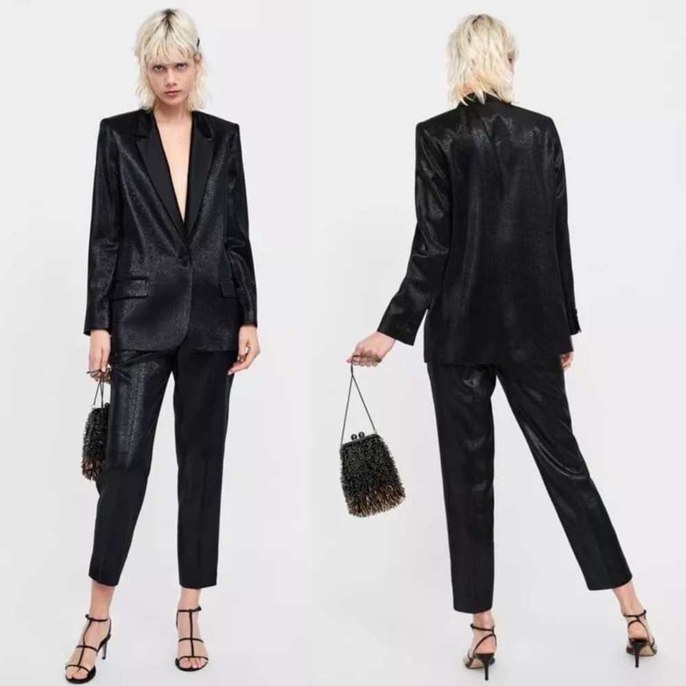 Zara Shimmer Satin Effect Blazer Jacker Black Size S NWT
